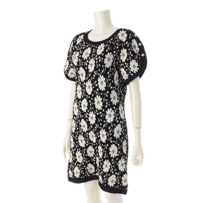 Chanel Cotton Rayon Flower Embroidery Knit Dress Black White 34