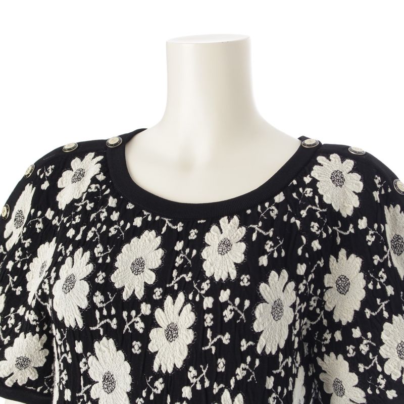Chanel Cotton Rayon Flower Embroidery Knit Dress Black White 34