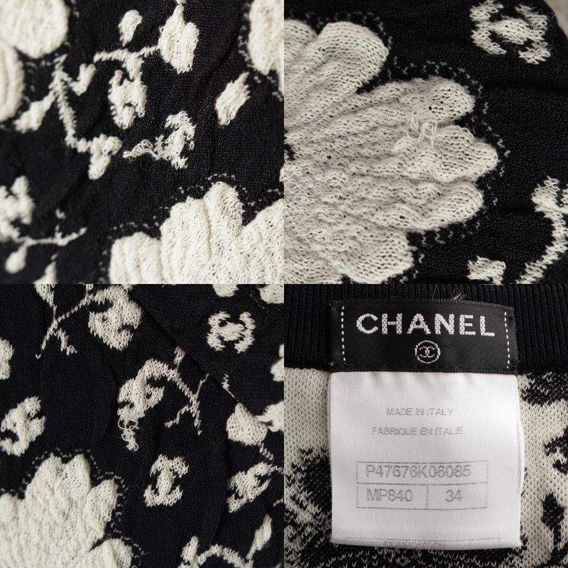 Chanel Cotton Rayon Flower Embroidery Knit Dress Black White 34