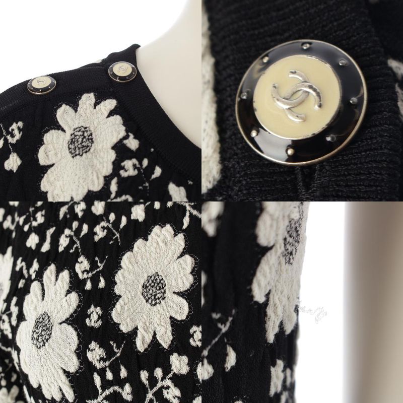 Chanel Cotton Rayon Flower Embroidery Knit Dress Black White 34