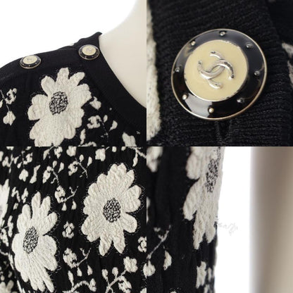 Chanel Cotton Rayon Flower Embroidery Knit Dress Black White 34