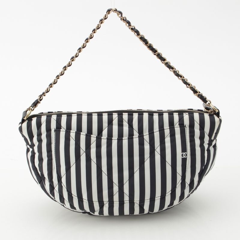 Chanel Cocobichi Large Hobo Striped Shoulder Handbag Pouch Black White