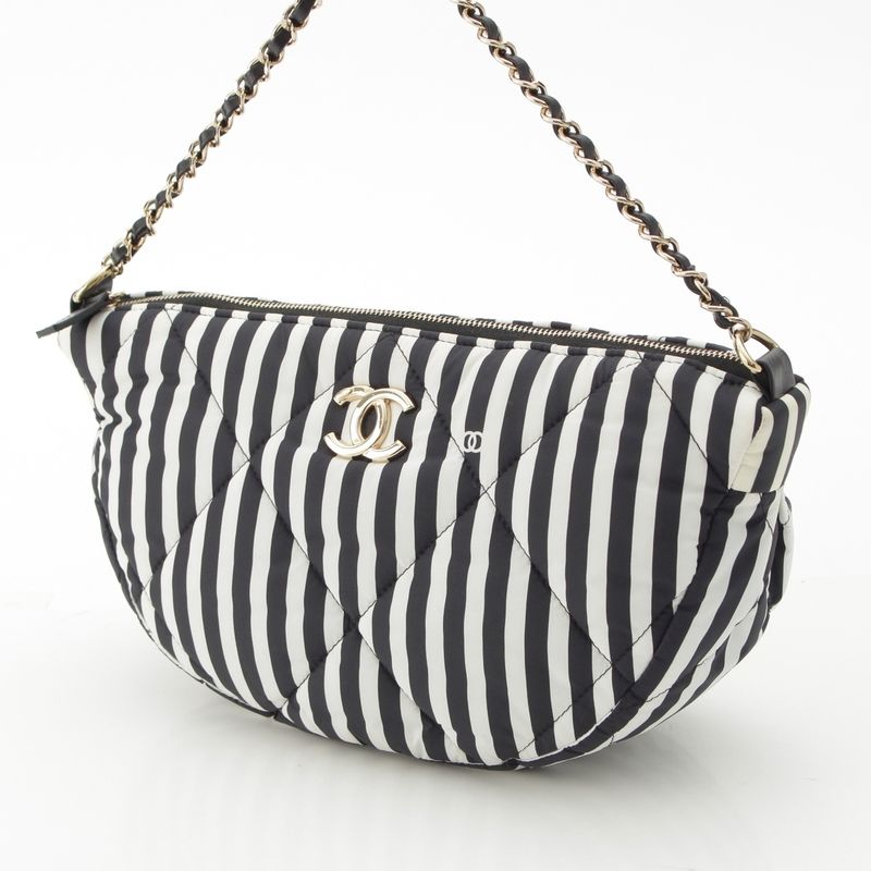 Chanel Cocobichi Large Hobo Striped Shoulder Handbag Pouch Black White