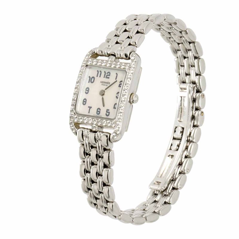 Hermes Cape Cod Mini Cc1 192 Watch Diamond Bezel White Shell 18k Gold Quartz