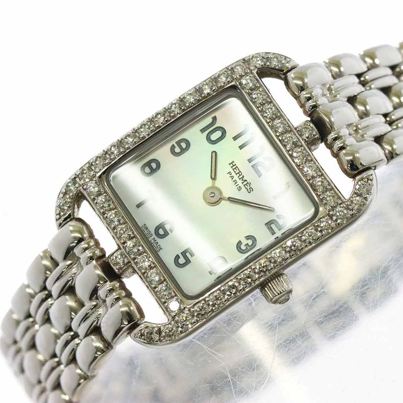 Hermes Cape Cod Mini Cc1 192 Watch Diamond Bezel White Shell 18k Gold Quartz