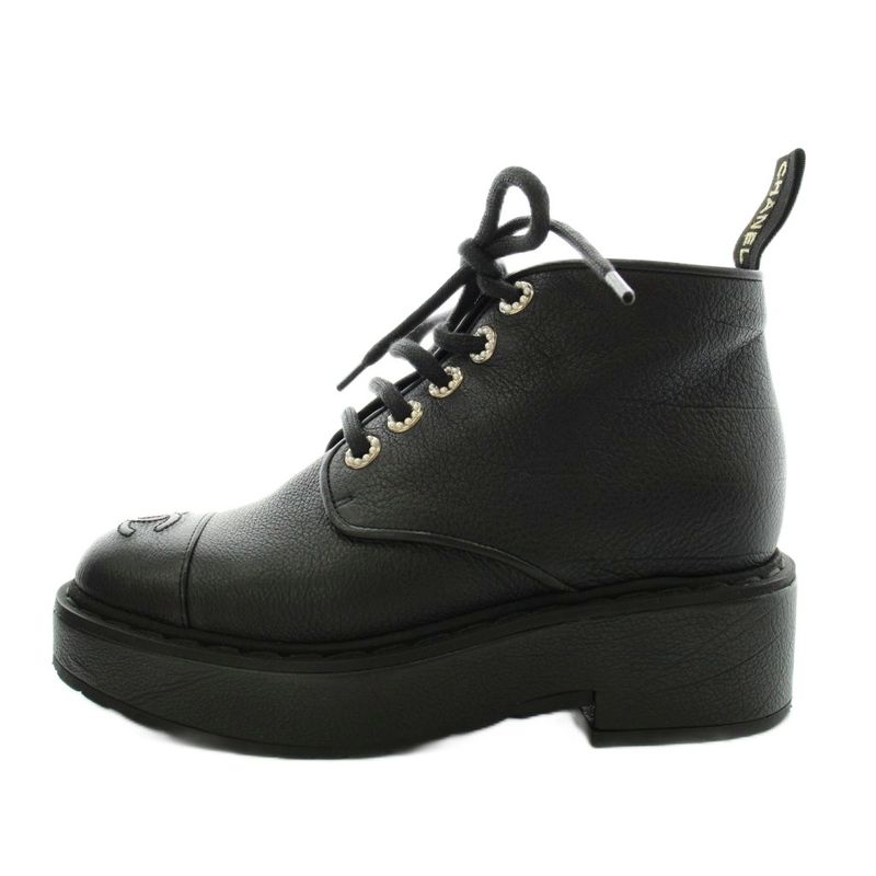 Chanel CC Logo Short Boots Pearl Wedge Sole Thick Leather 35 Black