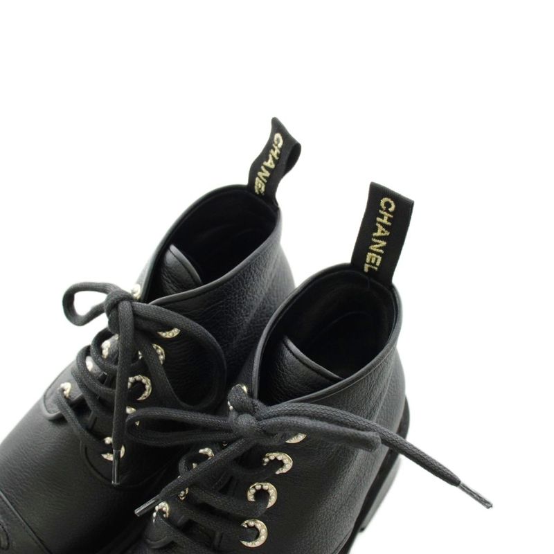 Chanel CC Logo Short Boots Pearl Wedge Sole Thick Leather 35 Black