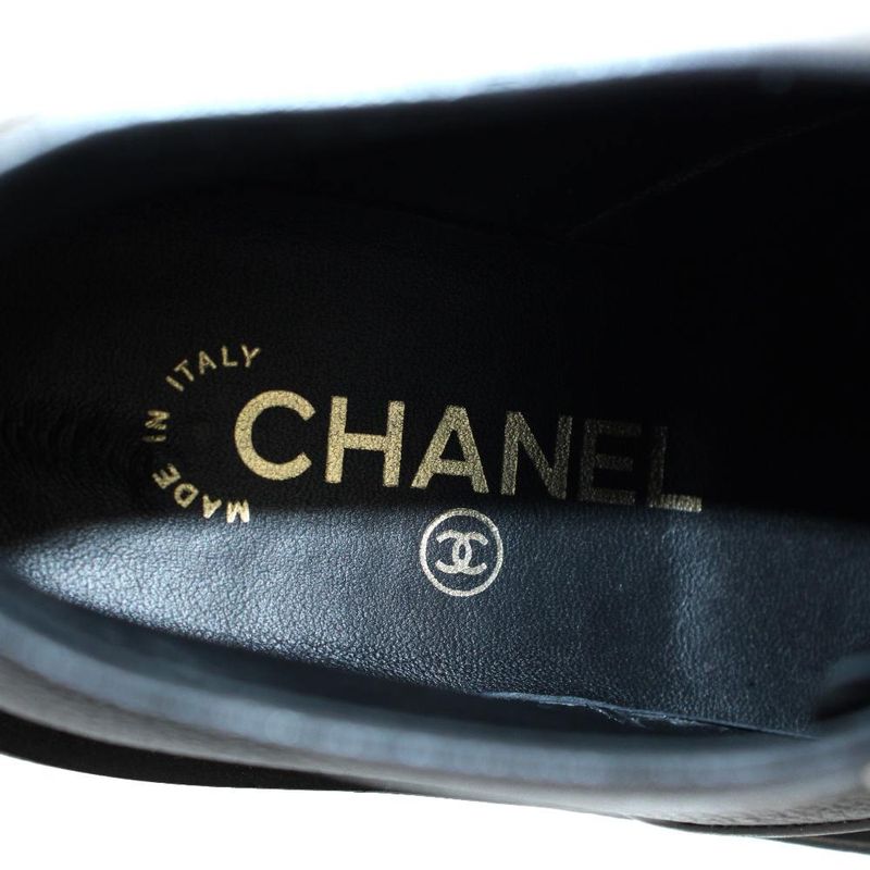 Chanel CC Logo Short Boots Pearl Wedge Sole Thick Leather 35 Black