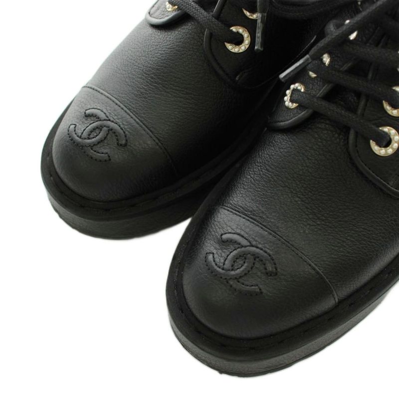 Chanel CC Logo Short Boots Pearl Wedge Sole Thick Leather 35 Black