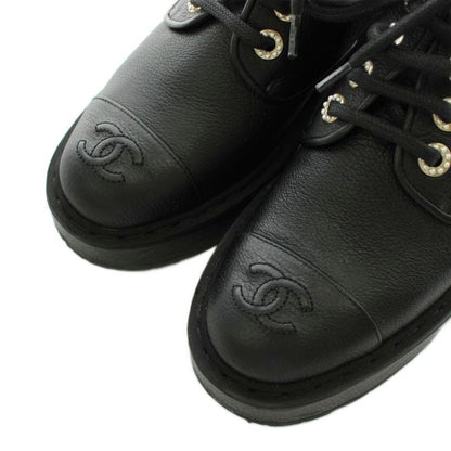Chanel CC Logo Short Boots Pearl Wedge Sole Thick Leather 35 Black