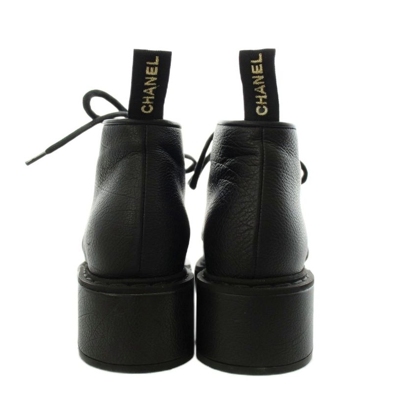 Chanel CC Logo Short Boots Pearl Wedge Sole Thick Leather 35 Black