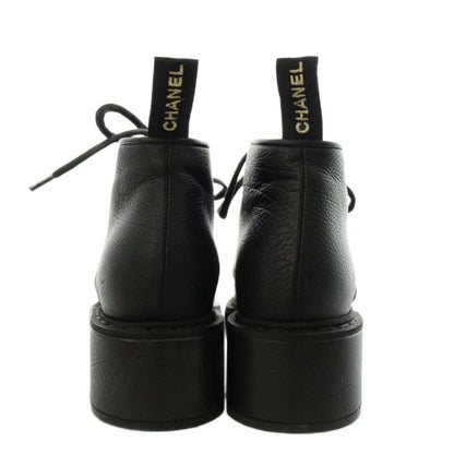 Chanel CC Logo Short Boots Pearl Wedge Sole Thick Leather 35 Black