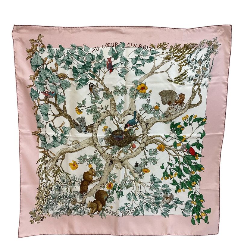 Hermes Carre 90 Coeur Des Bois in the Woods Silk Scarf Pink