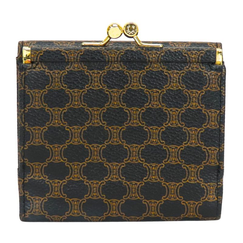 Celine Trifold Wallet Macadam Leather Brown Black Clasp Compact