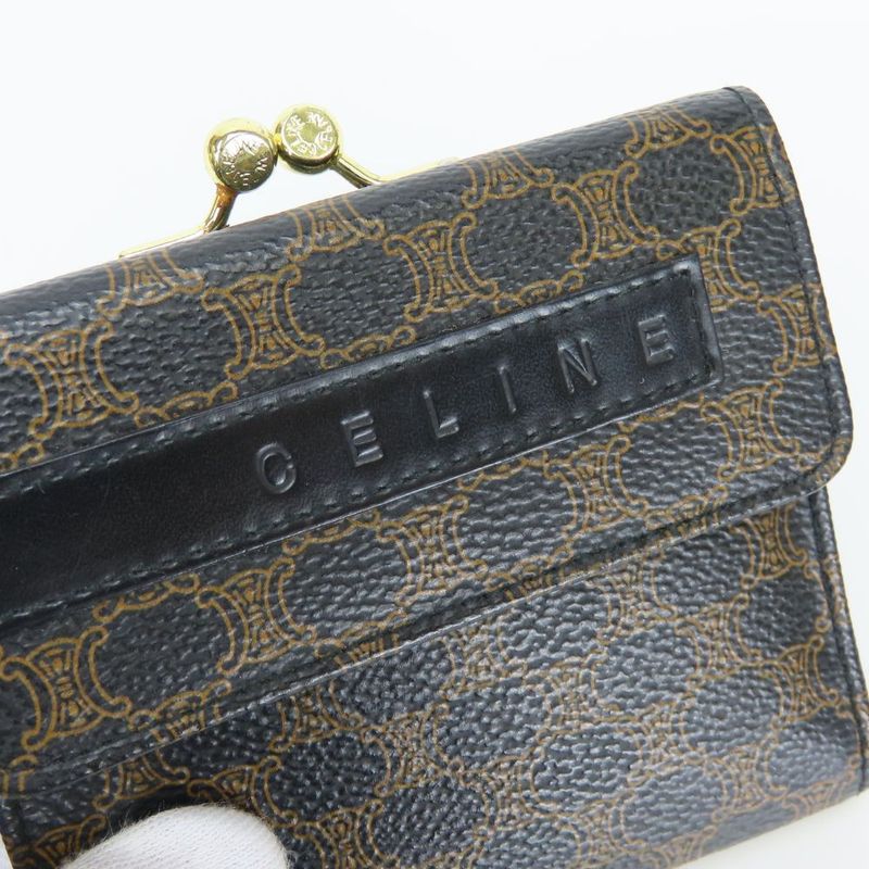 Celine Trifold Wallet Macadam Leather Brown Black Clasp Compact