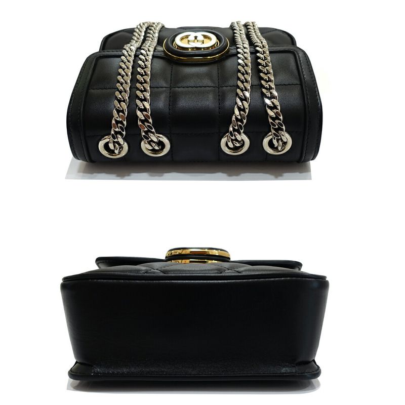 Gucci Deco Mini Shoulder Bag Interlocking Leather Black Gold Silver