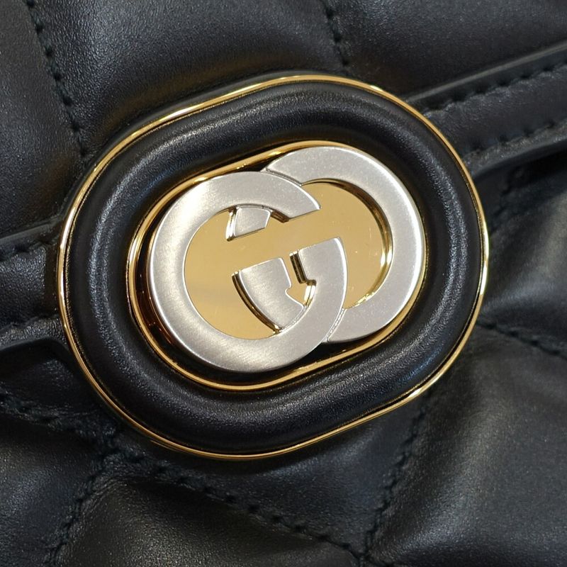 Gucci Deco Mini Shoulder Bag Interlocking Leather Black Gold Silver
