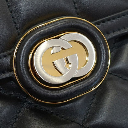 Gucci Deco Mini Shoulder Bag Interlocking Leather Black Gold Silver