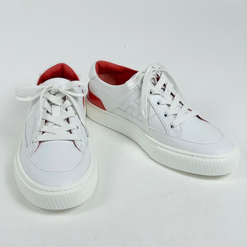 Hermes Deep Logo Stitch Sneakers Leather White Orange