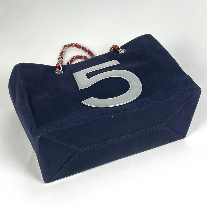 Chanel CC Logo Chain Tote No5 Choco Bar Canvas Navy Silver