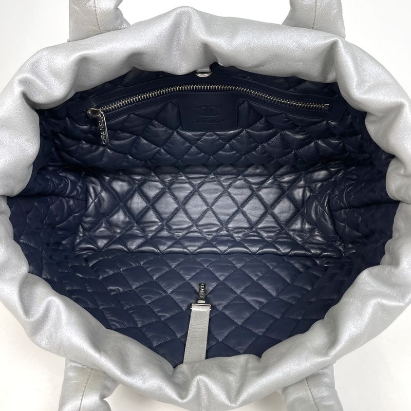 Chanel CC Logo Tote Leather Silver