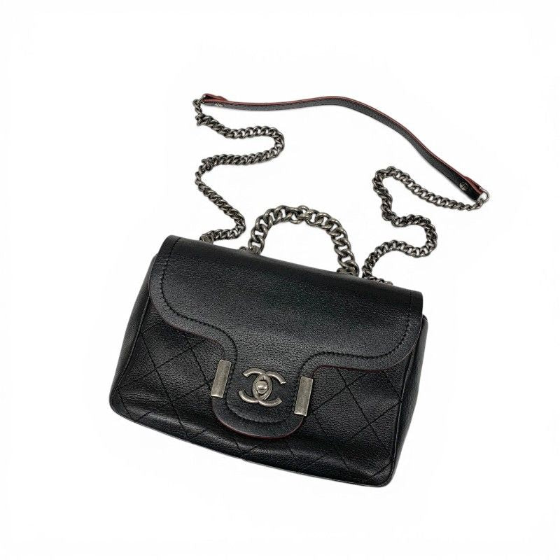 Chanel Shoulder Bag Black Red Silver Axic CC Logo Quilted Turnlock Single Flap