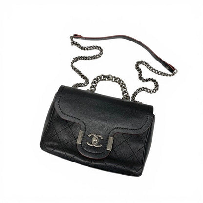 Chanel Shoulder Bag Black Red Silver Axic CC Logo Quilted Turnlock Single Flap