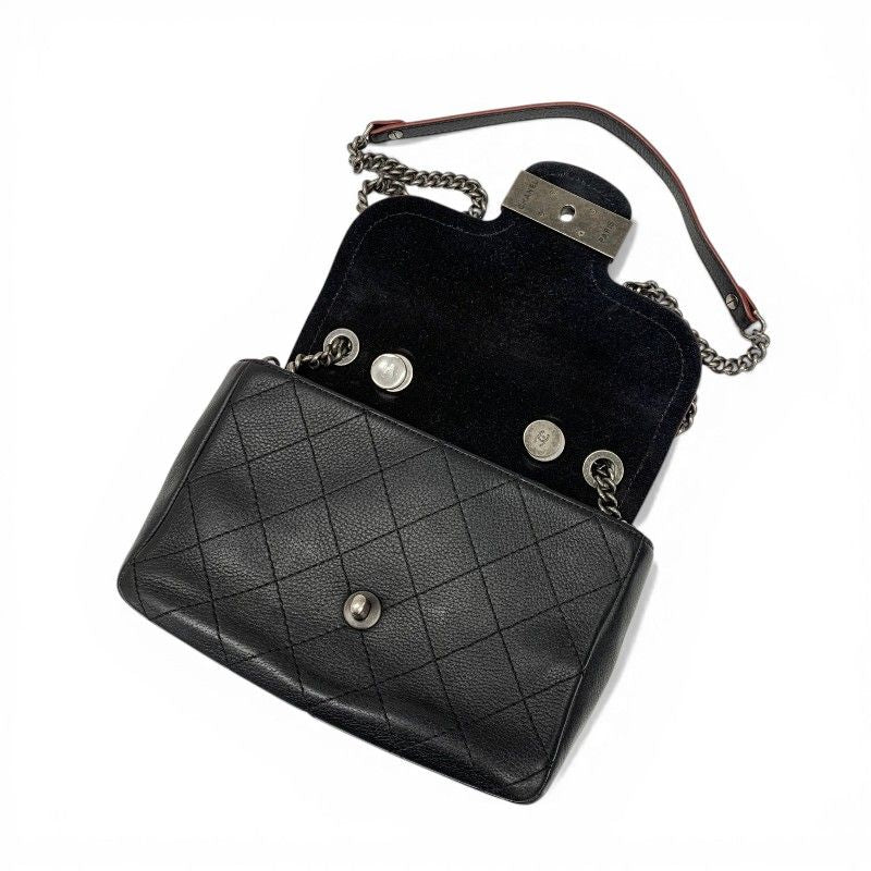 Chanel Shoulder Bag Black Red Silver Axic CC Logo Quilted Turnlock Single Flap