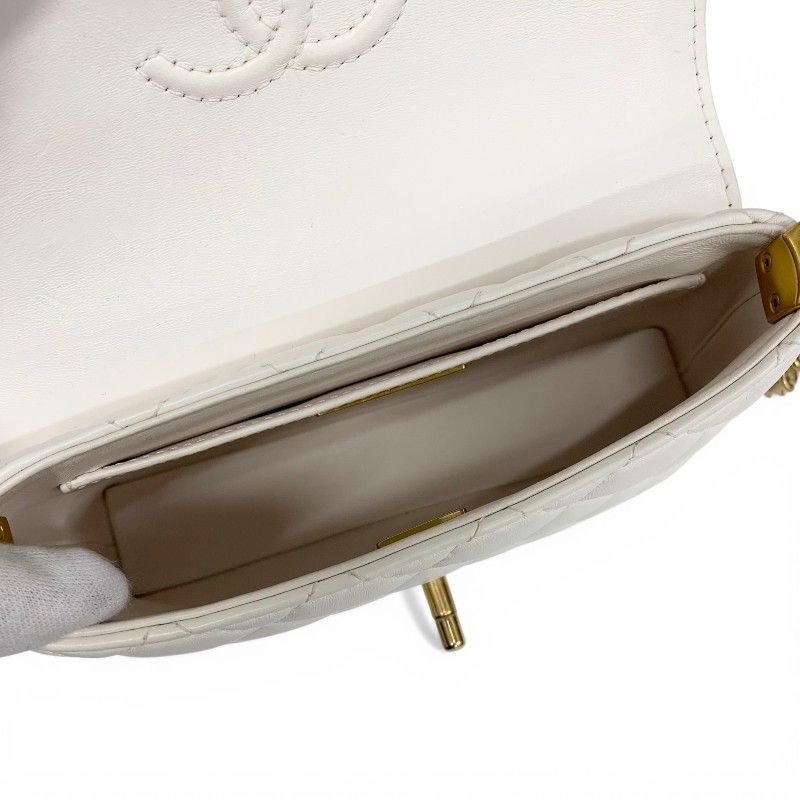 Chanel Shoulder Bag White Gold Quilted Small Flap Top Handle Turnlock CC Logo