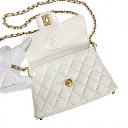 Chanel Shoulder Bag White Gold Quilted Small Flap Top Handle Turnlock CC Logo