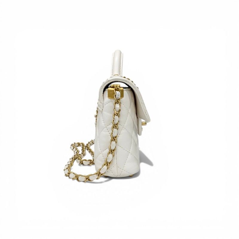 Chanel Shoulder Bag White Gold Quilted Small Flap Top Handle Turnlock CC Logo