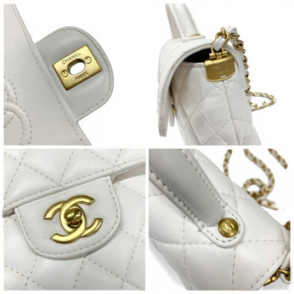 Chanel Shoulder Bag White Gold Quilted Small Flap Top Handle Turnlock CC Logo