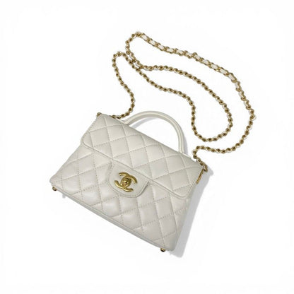 Chanel Shoulder Bag White Gold Quilted Small Flap Top Handle Turnlock CC Logo
