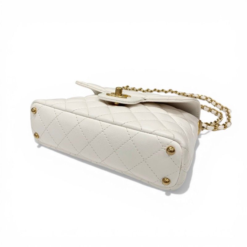 Chanel Shoulder Bag White Gold Quilted Small Flap Top Handle Turnlock CC Logo