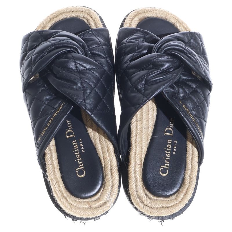 Dior Dtwist Cannage Lambskin Mule Logo Leather Sandals Black Beige