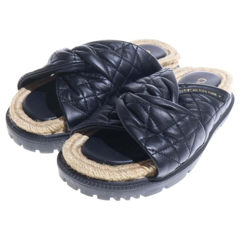 Dior Dtwist Cannage Lambskin Mule Logo Leather Sandals Black Beige