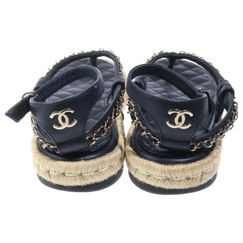 Chanel CC Logo Quilted Lambskin Leather Strap Flat Sandals Black
