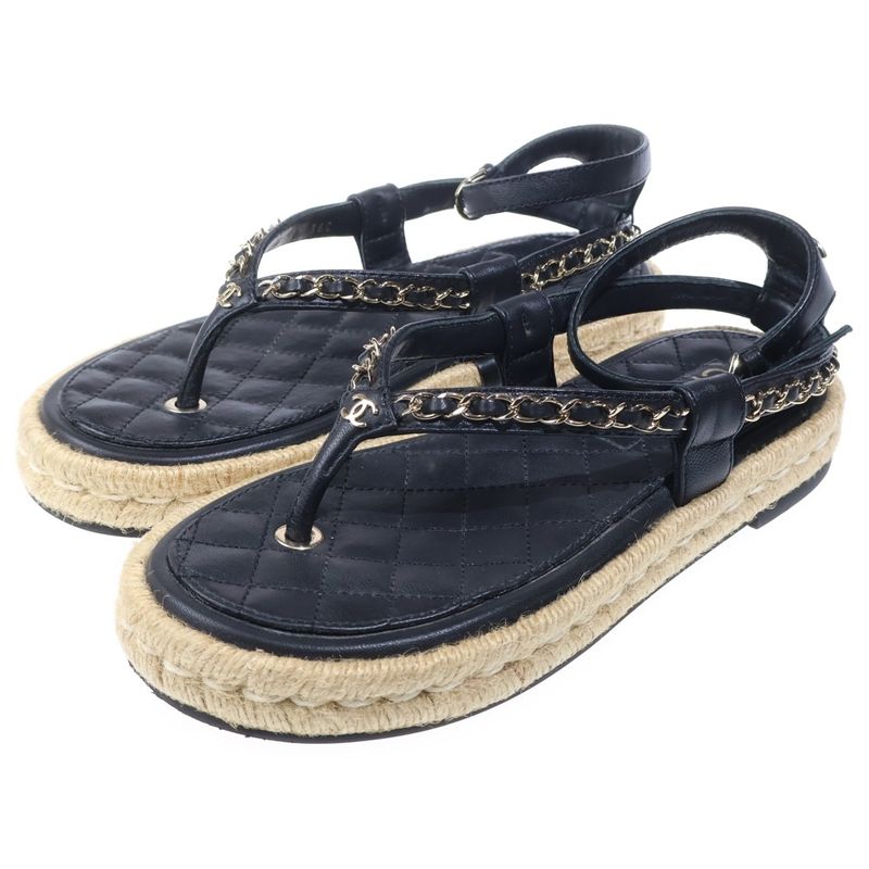 Chanel CC Logo Quilted Lambskin Leather Strap Flat Sandals Black