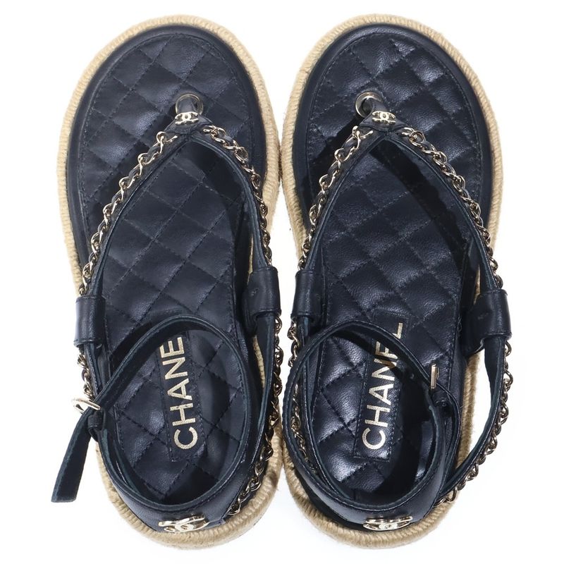 Chanel CC Logo Quilted Lambskin Leather Strap Flat Sandals Black
