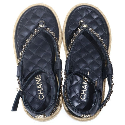 Chanel CC Logo Quilted Lambskin Leather Strap Flat Sandals Black