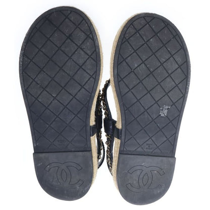 Chanel CC Logo Quilted Lambskin Leather Strap Flat Sandals Black