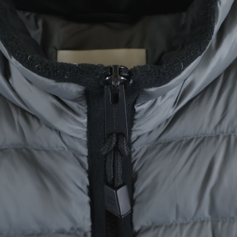 Miu Logo Embroidery Zip Up Puffer Jacket Gray