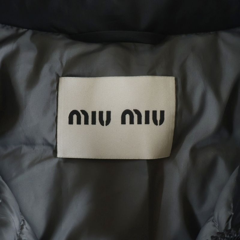 Miu Logo Embroidery Zip Up Puffer Jacket Gray