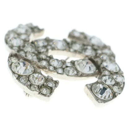 Chanel CC Logo Rhinestone Brooch Pin Badge Silver