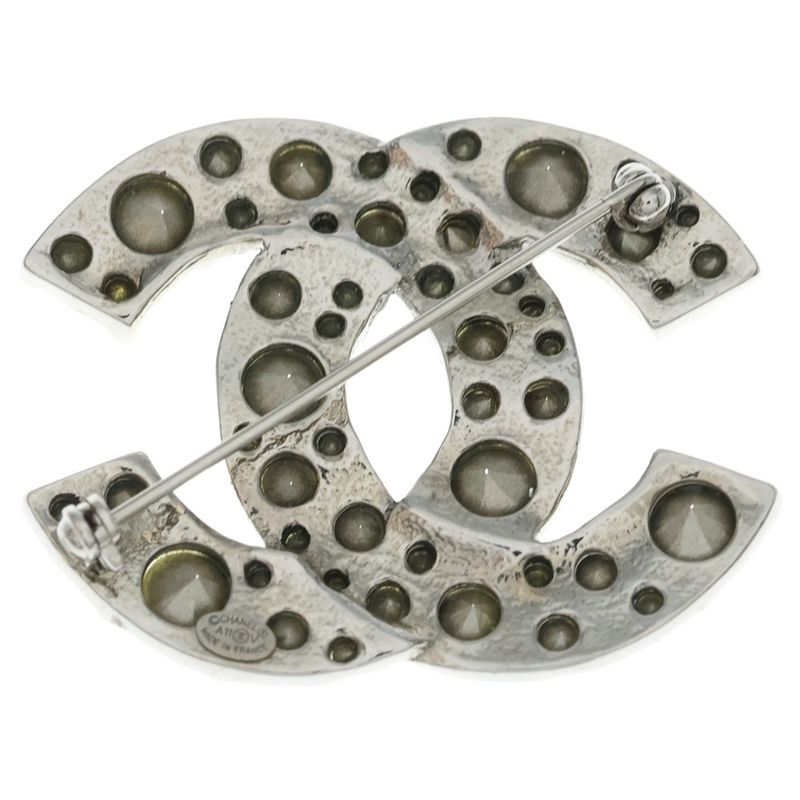 Chanel CC Logo Rhinestone Brooch Pin Badge Silver
