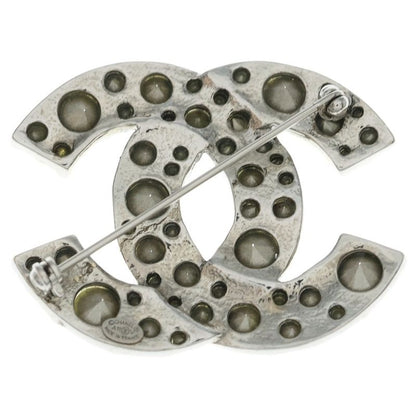 Chanel CC Logo Rhinestone Brooch Pin Badge Silver