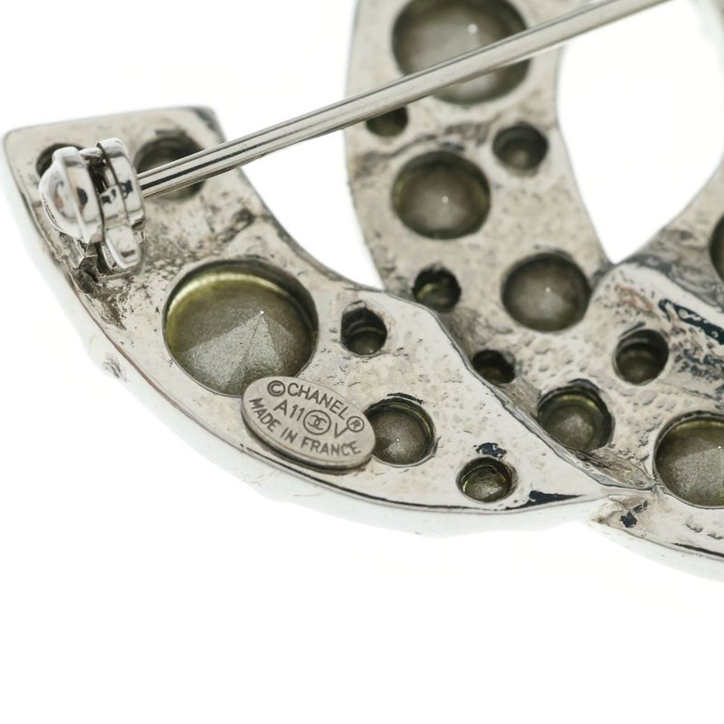 Chanel CC Logo Rhinestone Brooch Pin Badge Silver