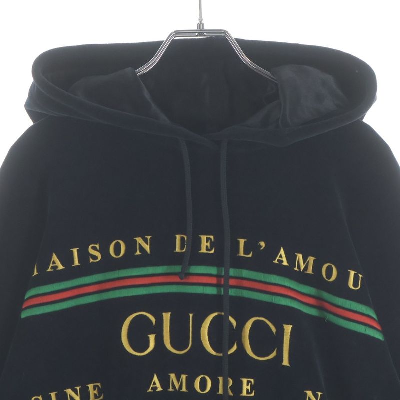 Gucci Chenille Embroidered Velvet Hoodie Pullover Black Sweater