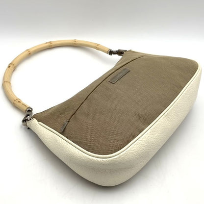 Gucci 001 Bamboo Handbag Pouch Canvas Leather Beige