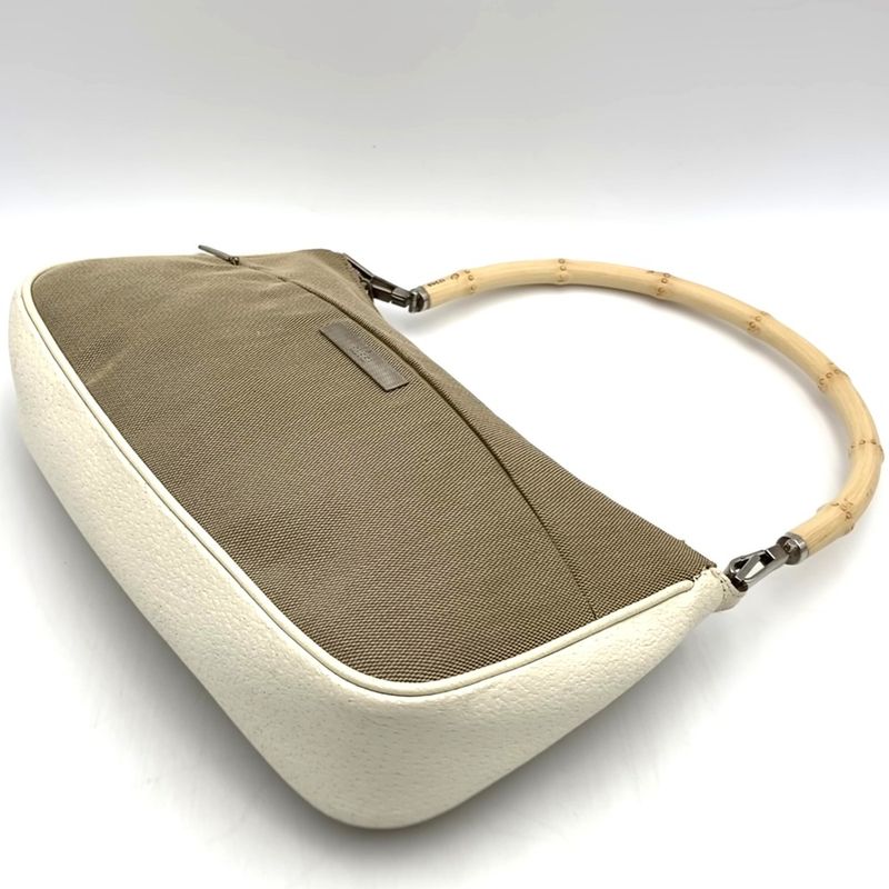 Gucci 001 Bamboo Handbag Pouch Canvas Leather Beige